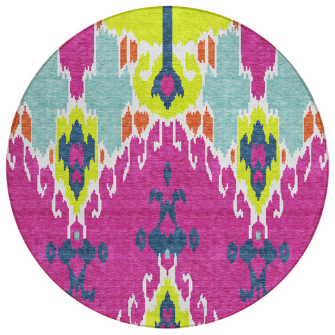 8' Pink Lime Green And Orange Round Ikat Washable Indoor Outdoor Area Rug