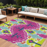 8' X 10' Pink Lime Green And Orange Ikat Washable Indoor Outdoor Area Rug
