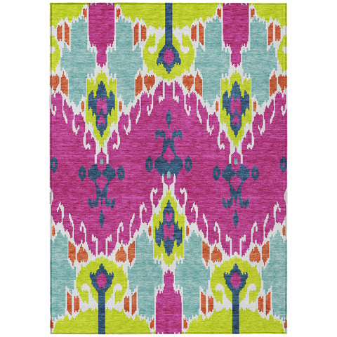 8' X 10' Pink Lime Green And Orange Ikat Washable Indoor Outdoor Area Rug
