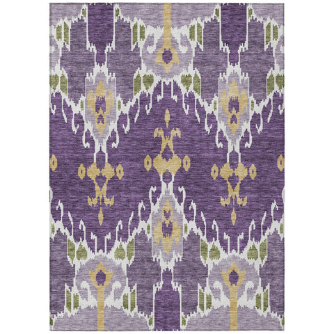 5' X 8' Purple Lavender And Gold Ikat Washable Indoor Outdoor Area Rug
