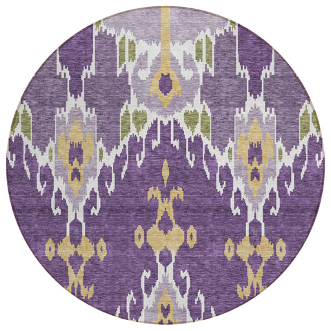 8' Purple Lavender And Gold Round Ikat Washable Indoor Outdoor Area Rug