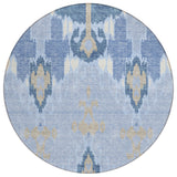 8' Sky Blue Denim Blue And Ivory Round Ikat Washable Indoor Outdoor Area Rug