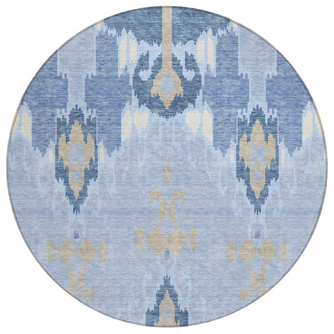 8' Sky Blue Denim Blue And Ivory Round Ikat Washable Indoor Outdoor Area Rug
