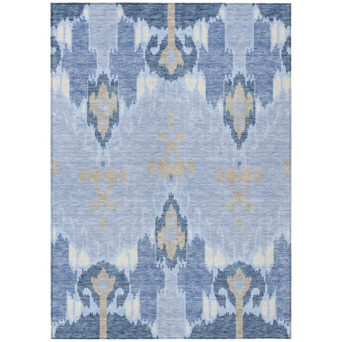 8' X 10' Sky Blue Denim Blue And Ivory Ikat Washable Indoor Outdoor Area Rug