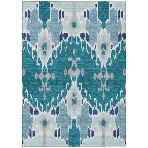 3' X 5' Teal Blue Navy Blue And Gray Ikat Washable Indoor Outdoor Area Rug