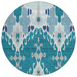 8' Teal Blue Navy Blue And Gray Round Ikat Washable Indoor Outdoor Area Rug