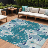 8' X 10' Teal Blue Navy Blue And Gray Ikat Washable Indoor Outdoor Area Rug