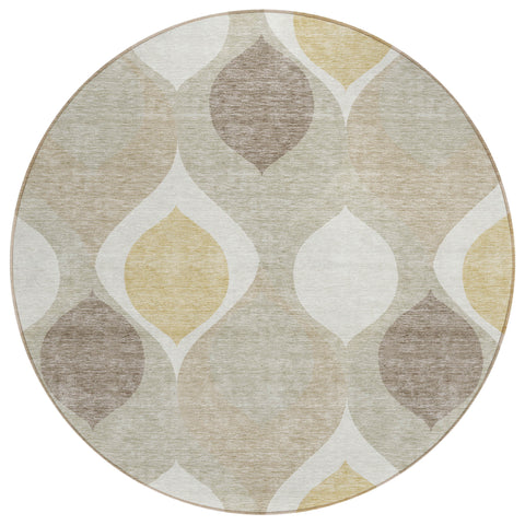 8' Beige Taupe And Ivory Round Ogee Washable Indoor Outdoor Area Rug