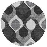8' Black Silver And Charcoal Round Ogee Washable Indoor Outdoor Area Rug