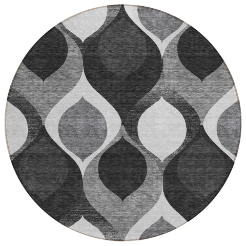 8' Black Silver And Charcoal Round Ogee Washable Indoor Outdoor Area Rug