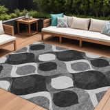 8' X 10' Black Silver And Charcoal Ogee Washable Indoor Outdoor Area Rug