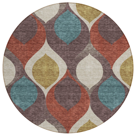 8' Brown Taupe And Teal Blue Round Ogee Washable Indoor Outdoor Area Rug
