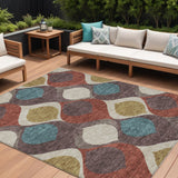 8' X 10' Brown Taupe And Teal Blue Ogee Washable Indoor Outdoor Area Rug