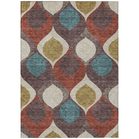 8' X 10' Brown Taupe And Teal Blue Ogee Washable Indoor Outdoor Area Rug
