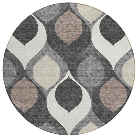 8' Gray Beige And Taupe Round Ogee Washable Indoor Outdoor Area Rug