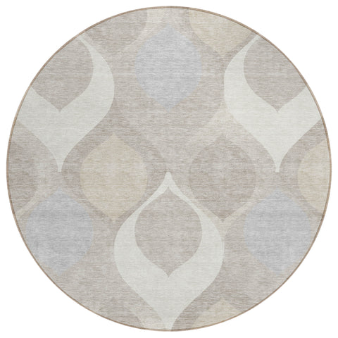 8' Ivory Beige And Tan Round Ogee Washable Indoor Outdoor Area Rug