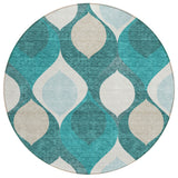 8' Teal Blue Sky Blue And Ivory Round Ogee Washable Indoor Outdoor Area Rug