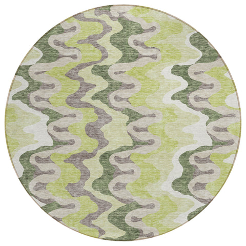 8' Artichoke Green And Ivory Round Abstract Washable Indoor Outdoor Area Rug
