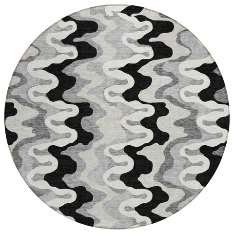 8' Black Gray And Silver Round Abstract Washable Indoor Outdoor Area Rug