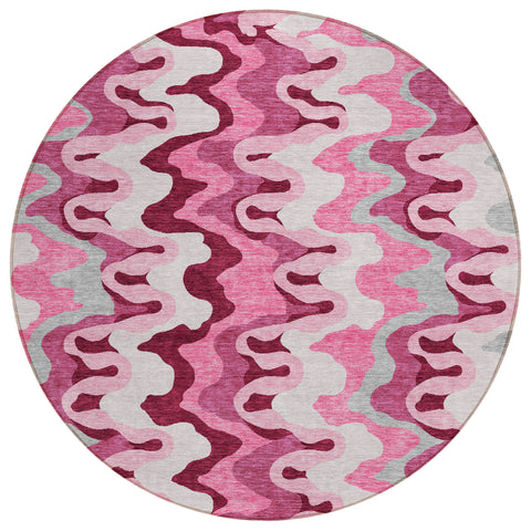 8' Blush Pink And Mauve Round Abstract Washable Indoor Outdoor Area Rug