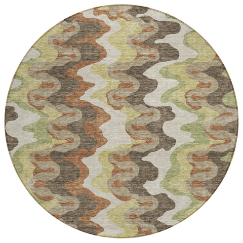 8' Chocolate Copper And Artichoke Green Round Abstract Washable Indoor Outdoor Area Rug