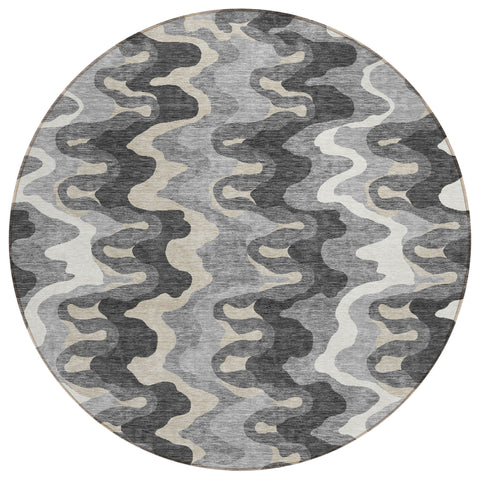 8' Gray Silver And Charcoal Round Abstract Washable Indoor Outdoor Area Rug