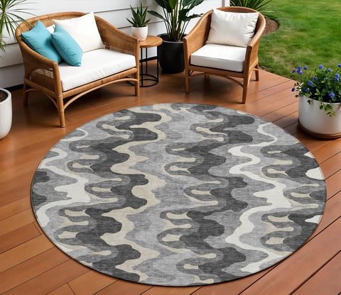 8' Gray Silver And Charcoal Round Abstract Washable Indoor Outdoor Area Rug