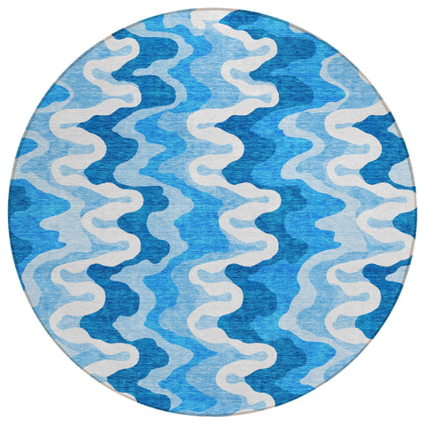 8' Sky Blue Denim Blue And Ivory Round Abstract Washable Indoor Outdoor Area Rug