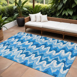 8' X 10' Sky Blue Denim Blue And Ivory Abstract Washable Indoor Outdoor Area Rug
