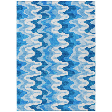 8' X 10' Sky Blue Denim Blue And Ivory Abstract Washable Indoor Outdoor Area Rug