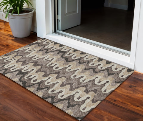 3' X 5' Taupe Beige And Chocolate Abstract Washable Indoor Outdoor Area Rug