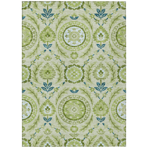 5' X 8' Artichoke Green Olive Green And Blue Floral Washable Indoor Outdoor Area Rug