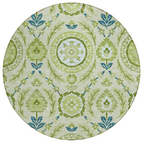 8' Artichoke Green Olive Green And Blue Round Floral Washable Indoor Outdoor Area Rug