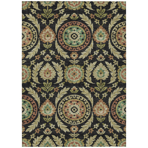 5' X 8' Black Gold And Copper Floral Washable Indoor Outdoor Area Rug
