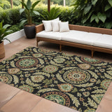 8' X 10' Black Gold And Copper Floral Washable Indoor Outdoor Area Rug