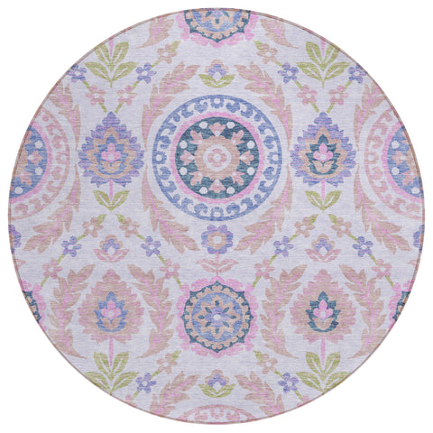 8' Blush Lavender And Purple Round Floral Washable Indoor Outdoor Area Rug
