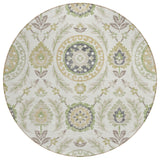 8' Ivory Beige And Taupe Round Floral Washable Indoor Outdoor Area Rug