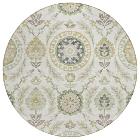 8' Ivory Beige And Taupe Round Floral Washable Indoor Outdoor Area Rug