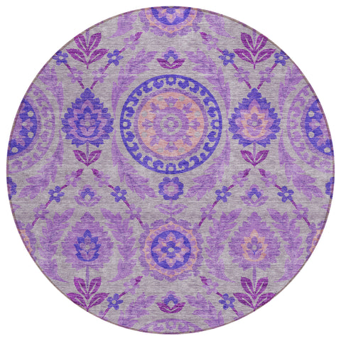 8' Lavender Lilac And Gray Round Floral Washable Indoor Outdoor Area Rug