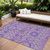8' X 10' Lavender Lilac And Gray Floral Washable Indoor Outdoor Area Rug
