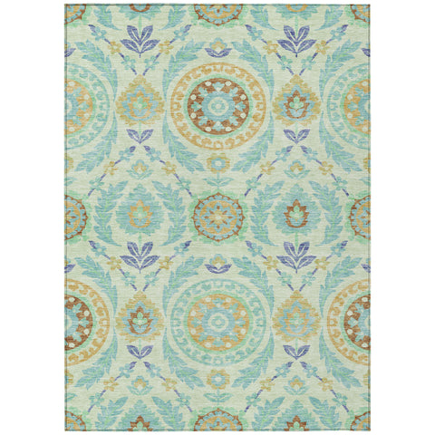 3' X 5' Mint Green Teal Blue And Beige Floral Washable Indoor Outdoor Area Rug
