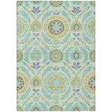 5' X 8' Mint Green Teal Blue And Beige Floral Washable Indoor Outdoor Area Rug