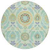 8' Mint Green Teal Blue And Beige Round Floral Washable Indoor Outdoor Area Rug