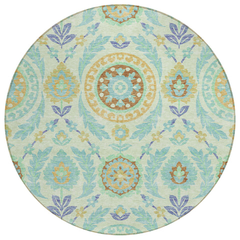 8' Mint Green Teal Blue And Beige Round Floral Washable Indoor Outdoor Area Rug