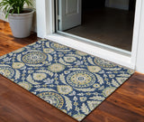 3' X 5' Navy Blue Gold And Beige Floral Washable Indoor Outdoor Area Rug