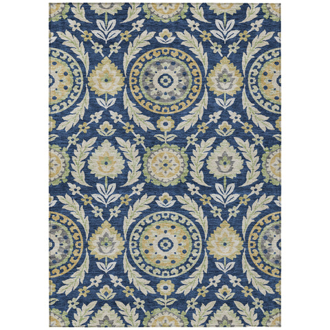 3' X 5' Navy Blue Gold And Beige Floral Washable Indoor Outdoor Area Rug