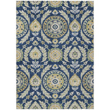 8' X 10' Navy Blue Gold And Beige Floral Washable Indoor Outdoor Area Rug