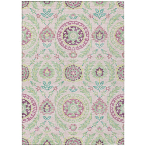 3' X 5' Pink Mauve And Mint Green Floral Washable Indoor Outdoor Area Rug