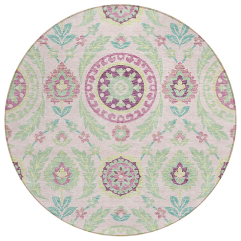 8' Pink Mauve And Mint Green Round Floral Washable Indoor Outdoor Area Rug