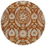 8' Orange Taupe And Gold Round Floral Washable Indoor Outdoor Area Rug